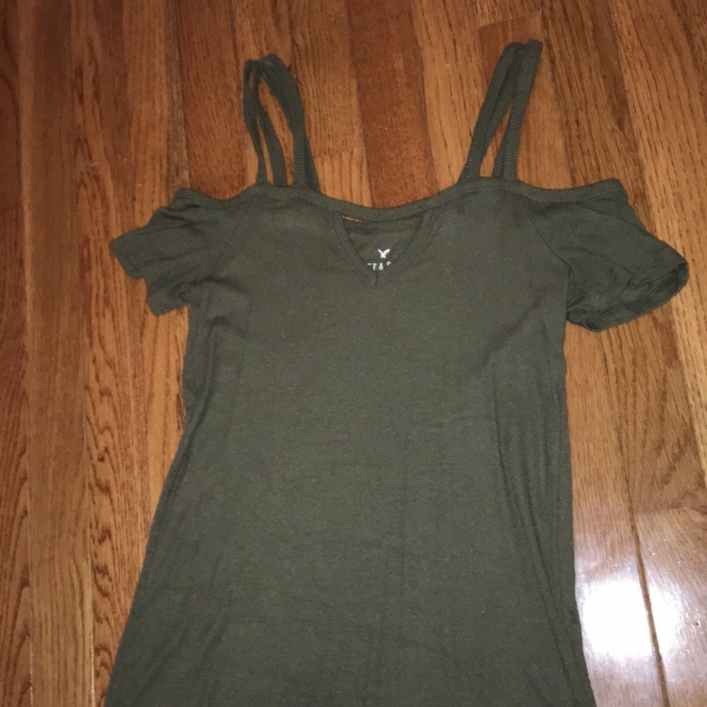 American Eagle green, cold-shoulder top.